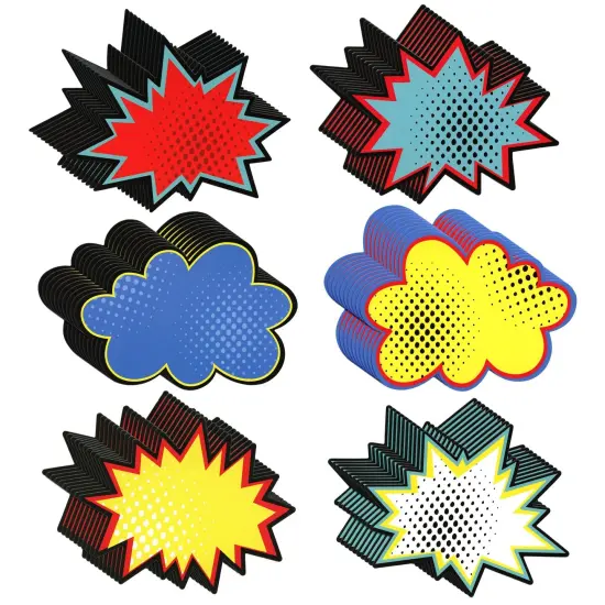 60 Pack Superhero-Themed Bulletin Board Cutouts – 5x7 Inch Poster Decorations, Starburst Signs for Comic Book Birthday, School Supplies (6 Unique Designs) {1}