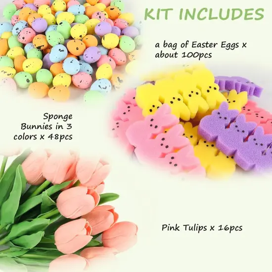 Easter Decorations, 16 Artificial Tulips with 48 Bunnies and a Bag of Eggs Vase Filler Set, Easter Centerpiece Table Decorations, Spring Home Decoration for Tables (Pink) {3}