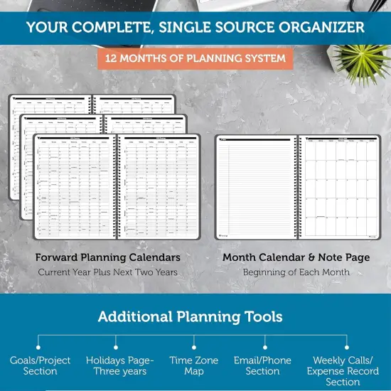 Planner Pad Spiral Bound January-December 2025/ Calendar Year 8 1/2" x 11" Large 3-Tier Funnel Down 12 Month Organizer, Black Cover/Black Ink {4}