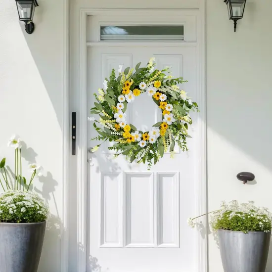 Artificial Spring Wreath 22 Inch Spring Wreaths for Front Door Summer Wreath with White Yellow Daisy {2}