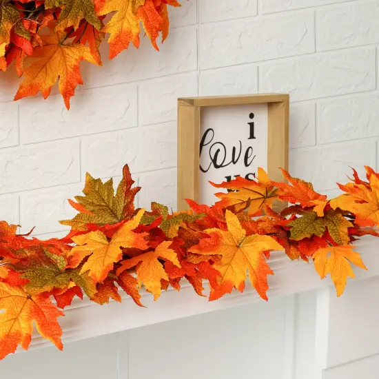 6'L Fall Lighted Maple Leaves Garland & 24"D Fall Lighted Maple Leaves Wreath with Timer {5}