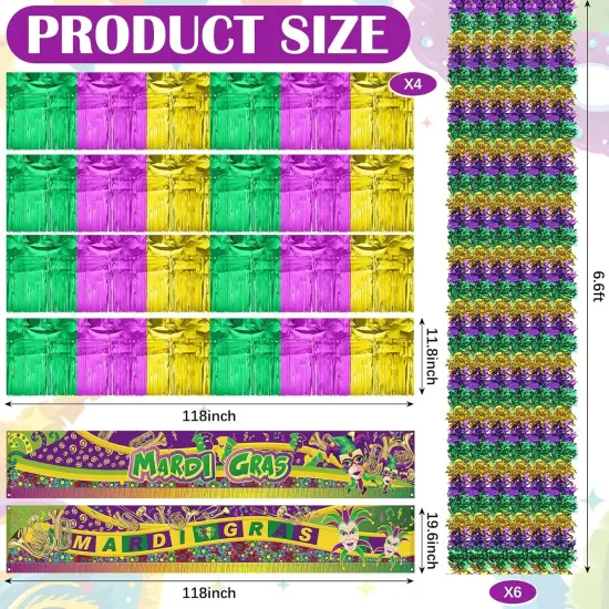 12 Pcs Mardi Gras Wagon Parade Float Decorations Kit Mardi Gras Decor for Trailer Green Gold Carnival Banner Foil Tinsel Garland Golf Cart Decoration for Carnival Party Supplies {3}