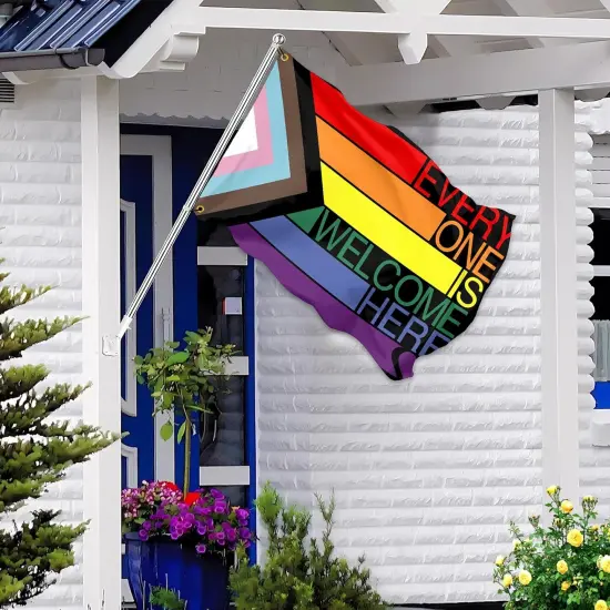 Everyone Is Welcome Here Flag 3x5 Ft Outdoor Progress Pride Flag Polyester Double Sided LGBTQ Pansexual Rainbow Flags for Indoor House Yard Outside Banner Decor {2}