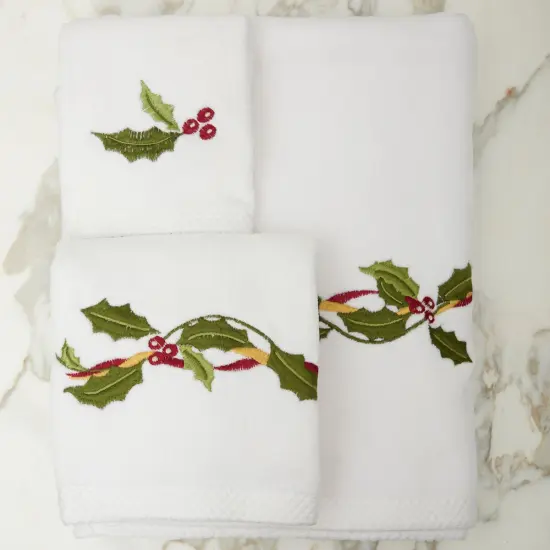 Holly Ribbon Christmas 3-Piece Kitchen & Bathroom Dishtowel Set of 3 {4}