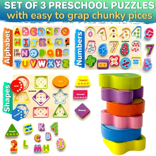 3 Set Chunky Wooden Puzzles for Toddlers | Alphabet, Numbers & Geometric Forms {2}