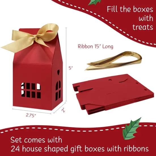 Wrapables House Shaped Gift Boxes with Ribbons for Weddings, Housewarming, Cookies, Candies, Treats, Party Favors (Set of 24), Red {2}