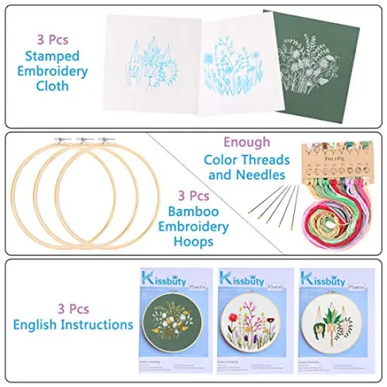3 Pack Embroidery Starter Kit with Pattern, Kissbuty Full Range of Stamped Embroidery Kit Including Embroidery Fabric with Pattern, Bamboo Embroidery Hoops, Color Threads and Tools Kit (Floral Plants) {1}