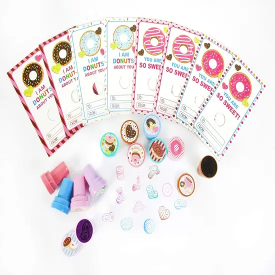 Tiny Mills 36 PACK Donuts Cards with Donuts Stampers for Valentine's Day Classroom Exchange Birthday Party Favor Prizes Valentine's Day {4}