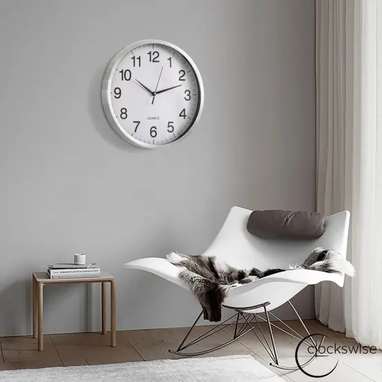 Clockswise Round Quartz Wall Clock Non-Ticking Battery Operated with Silent Sweep Movement, Aluminum Silver Frame, Perfect for Home Kitchen Office Living Room Study Hallway Classroom, Black Face {6}