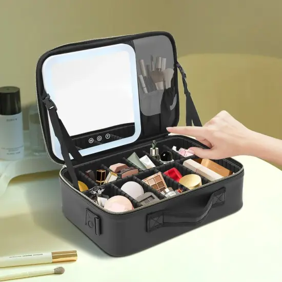 Travel Makeup Train Case Storage Bag With Mirror + Lights Cosmetic Bag Organizer {3}