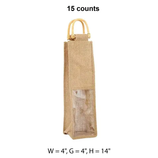Jute Wine Bag with Wooden Handles 4" x 4" x 14" Elegant {1}