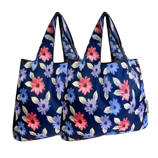 Wrapables Foldable Tote Nylon Reusable Grocery Bag (Set of 2), Colorful Daisies {1}