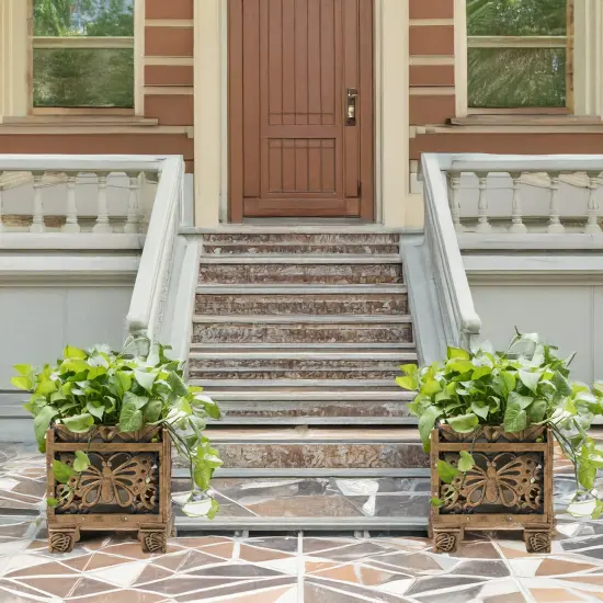 Set of 2 Outdoor Living Butterfly Square Plant Stands, Decorative Flower Planting Pots, Antique Bronze Finish, Garden Patio Decor {6}
