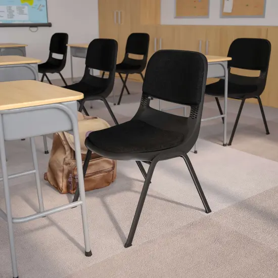 Emma and Oliver 880 lb. Capacity Padded Ergonomic Shell Stack Chair with Metal Frame Black {1}