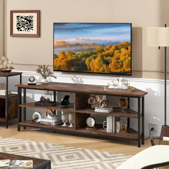Costway Corner TV Stand for TVs up to 65" TV Console Table with AC Outlets&USB A Ports Rustic Brown/Black/White {4}