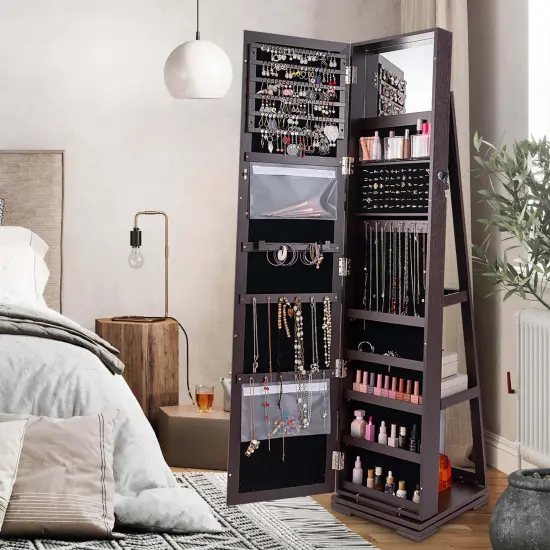 Costway 360degree Rotatable Jewelry Cabinet 2-in-1 Lockable Mirrored Organizer White/Black/Dark Brown/Gray/Blue/Pink/Purple/Dark Gray {4}
