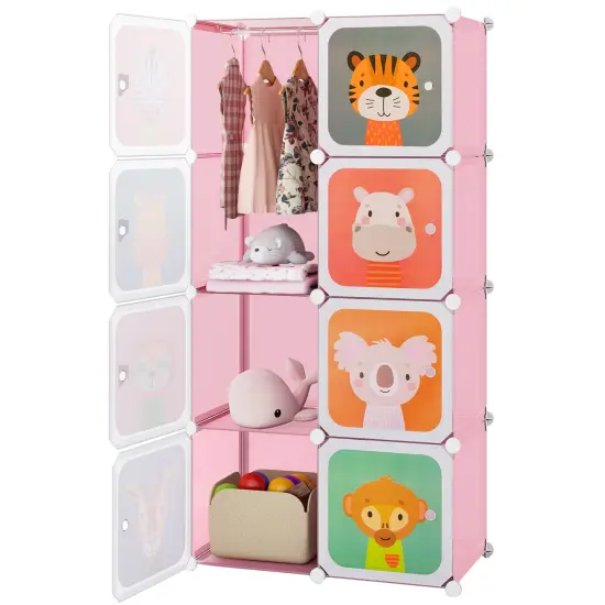 Costway 8-Cube Kids Wardrobe Baby Dresser Bedroom Armoire Clothes Hanging Closet with Doors Blue/Pink/White {8}