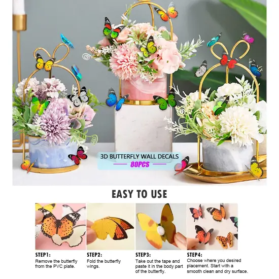 80pcs Butterfly Wall Decor - Plastic Butterflies Wings Foldable Removable Waterproof Reusable Mural Wall Stickers for Home Room Bedroom Nursery Party Wedding Decorations {5}