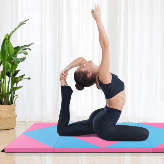 8 Feet PU Leather Folding Gymnastics Mat with Removable Zippered Cover and Hook and Loop Fasteners Pink & Blue {1}