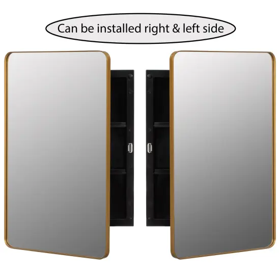 Basicwise Plastic Medicine Cabinet with Beveled Edge Mirror Door and Round Corner Metal Frame, Surface or Recessed Mount Options, Bathroom Wall Mounted Vanity Cabinet with 2 Adjustable Shelves Gold {5}