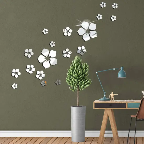 18pcs Acrylic Mirror Wall Sticker Decal for Home Living Room Bedroom Decor 3D Flower DIY Wall Decoration Silver {6}