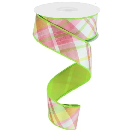 1.5" Diagonal Plaid Fused Ribbon: Spring Green (10 Yards) {1}