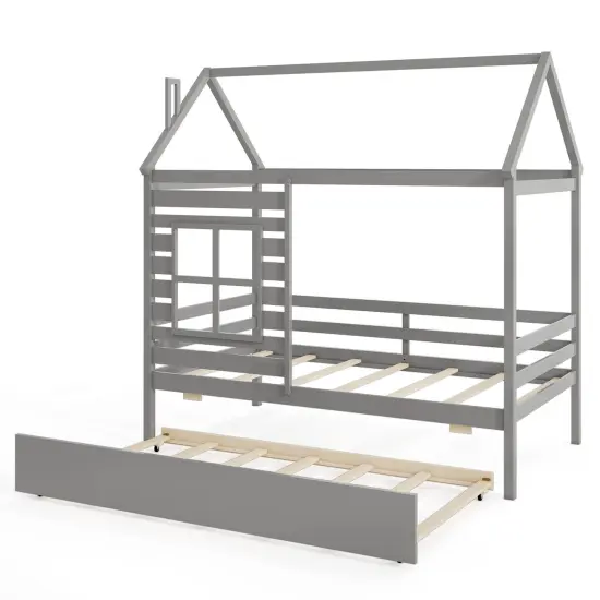 Solid Wood House Bed with Trundle, Guardrails and Customizable Design White {7}