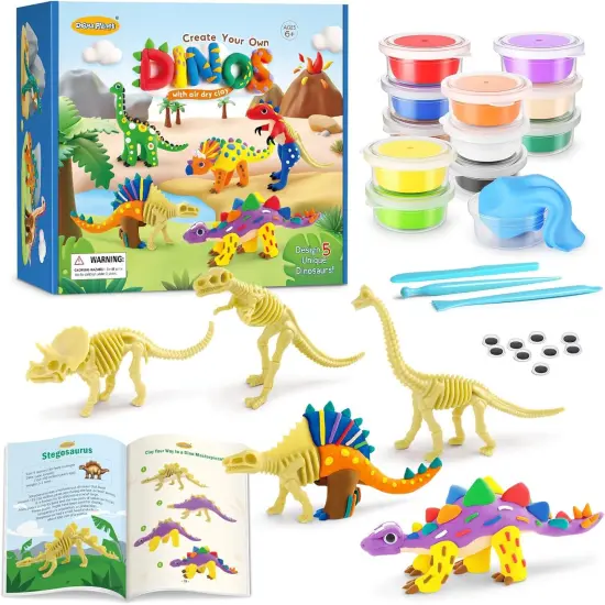 Dinosaur Air Dry Clay Kit &ndash; Create 5 Dinosaur Models with 12 Colors of Modeling Clay, Instruction Guide &ndash; Fun & Educational Craft Set for Kids {1}
