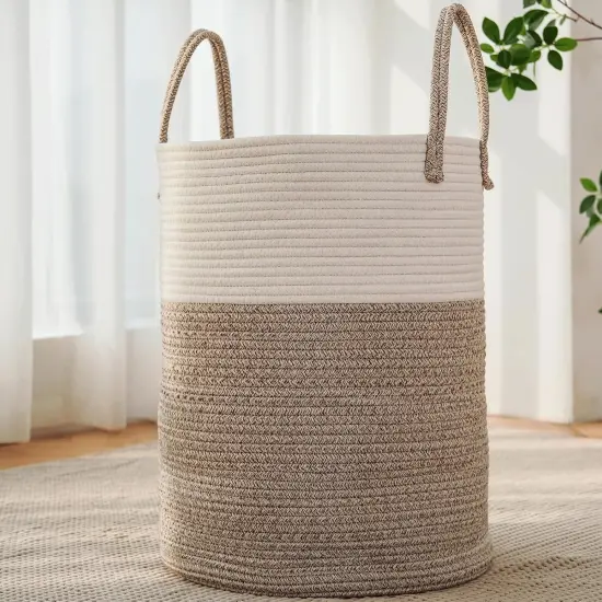 Large Woven Laundry Basket Hamper,60L Cotton Rope Storage Bin for Blankets,Toys and Clothes,Decorative Tall Nursery Hamper {1}