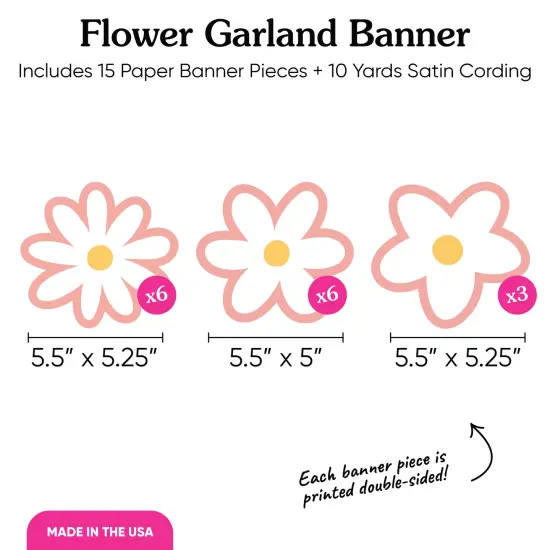 Big Dot of Happiness Pink Daisy Flowers Garland Banner, Boho Hanging Decorations, Groovy Floral Party Banner, 30 Feet of Cord, 15 Double-Sided Daisies {5}