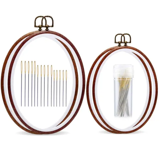 Jupean Embroidery Hoop, 4 Pack Oval Embroidery Hoop, Imitated Wood Display Frame with 30 Pieces Embroidery Needles, Embroidery Frame and Cross Stitch Hoop for Art Craft Sewing and Wall Hanging {1}