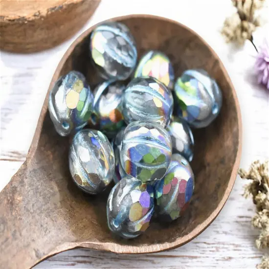 *12* 10mm Metallic Turquoise Washed Crystal AB Faceted Round Melon Beads {2}