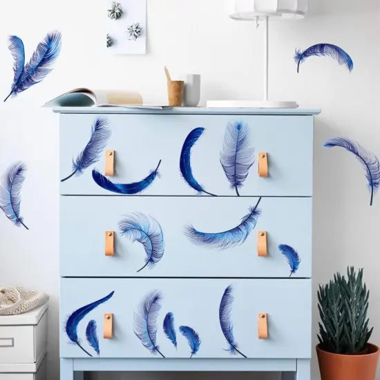 4 Sheets Blue Feather Wall Decals {2}