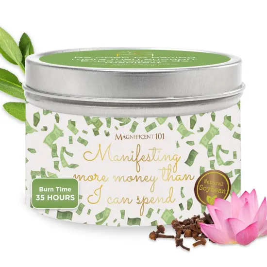 Magnificent 101 Long Lasting Affirmation Tin Candle with Sage & Clove Scented | 6 Oz - 30 Hour Burn | Made of Soy Wax for Abundance, Meditation, Manifestation | Manifesting More Money Than I Can Multicolor {1}