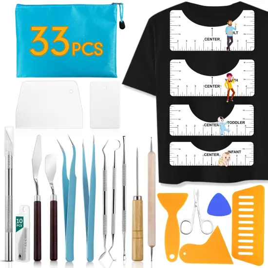 33 Pieces Vinyl Weeding Tools with T-Shirt Ruler Guide,Craft Tools Set for DIY Heat Transfer Printing, Weeding Vinyl,Silhouettes,Scrapbooking,Lettering, Cutting, Splicing. {2}