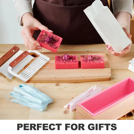 Rectangular Soap Mold Kit with Cutter- 42oz Flexible Silicone Loaf Soap Mold with Wood Box, Stainless Steel Wavy & Straight Scraper for Homemade Craft Soap Making Supplies {1}