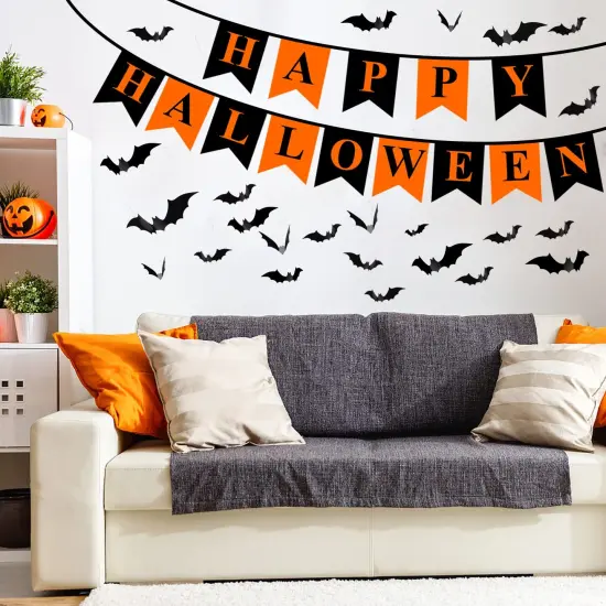 60 Pieces Halloween Decorations Indoor Set , - Halloween Fireplace Mantel Scarf & Round Table Cover & Lace Table Runner &Halloween Banner & Scary 3D Bat for Halloween Party Decorations Black {5}