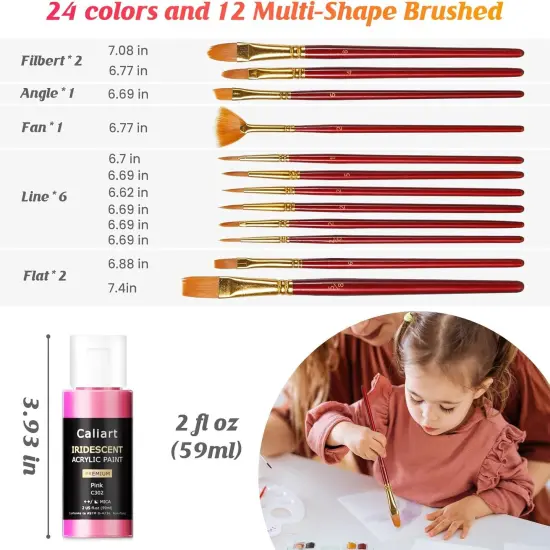 Iridescent Acrylic Paint Set with 12 Brushes, 24 Colors (59ml, 2oz), for Artists, Kids, Beginners {2}
