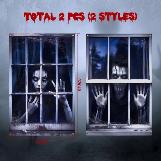 2 Pieces Scary Halloween Curtain Halloween Window Silhouette Decoration Blood Halloween Window Cover Horror Halloween Theme Window Poster for Indoor Outdoor Party Wall Door Decor (Spooky Ghost) {1}
