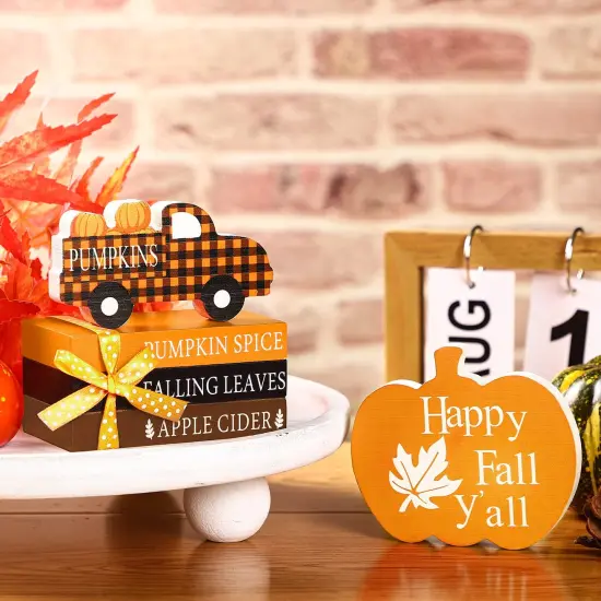 5 Pieces Fall Decor Fall Tiered Tray Decor Thanksgiving Wooden Signs 3 Mini Faux Decorative Books Bundle with Twine Pumpkin Wooden Truck Farmhouse Rustic for Autumn Thanksgiving Table Decor (Pumpkin) {6}