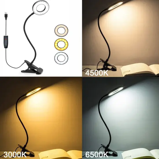 Foneso Desk Lamp Clip on Light, 48 LED USB Lamp with 3 Color Modes 10 Brightness Levels, 360° Flexible Gooseneck Eye Protection Bed Night Light for Reading, Makeup, Fill Light (Black) {6}