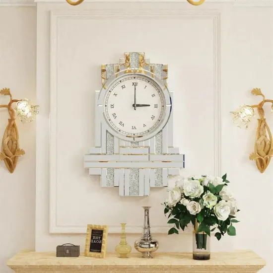 23.6'' Mirrored Wall Clock Modern Crystal Crush Diamond Silver Glass Home Decor {1}
