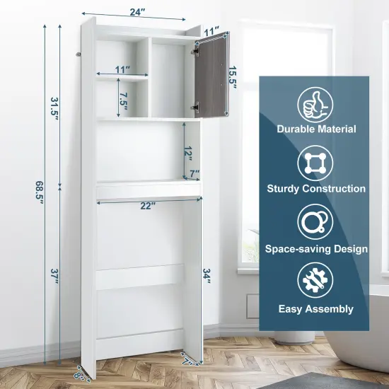 Costway Over The Toilet Storage Cabinet Bathroom Space Saver w/ Open Shelves & Door {4}