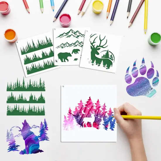 10 Pieces Bear Deer Wolf Mountain Stencil Pine Tree Wildlife Forest Animal Stencils Template Wood Burning Stencils Reusable Patterns Moon Claw Stencils for Painting on Wood Crafts Wall (forest animal 1) {6}