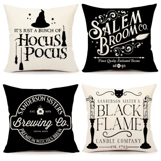 4 Pieces Halloween Decor Pillow Covers 18x18 Halloween Decorations Hocus Pocus Farmhouse Saying White Black Outdoor Fall Pillows Decorative Throw Cushion Case for Home Couch TH118-18 {1}