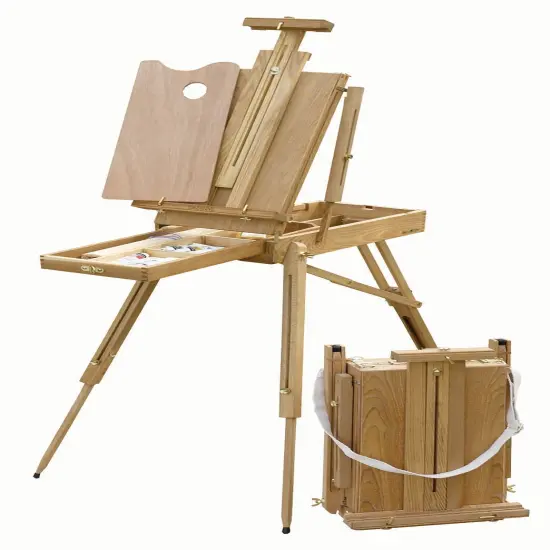 Creative Mark Cezanne Half Box French Easel - Oiled Elm Wood Plein Air Artist Easel, Holds Canvas Up to 33", Comfortable Handle, Divided Supplies Drawer, Brass Hardware, Telescoping Legs {1}