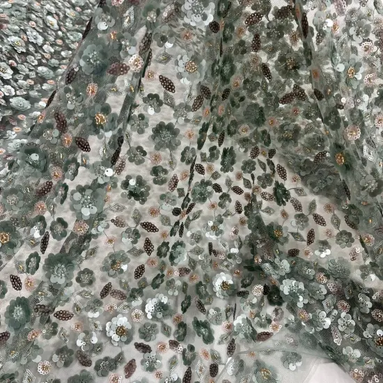 1 Yard Beaded and Sequined Lace Fabric Embroidered Net Mesh 54" Width Peach {2}