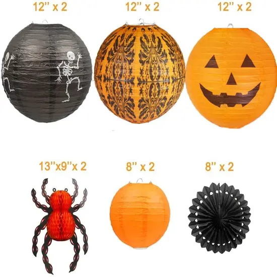 12 Pieces Halloween Hanging Decorations Paper Lanterns, Jack-O'-Lantern Spider Skeleton Pumpkin for Indoor & Outdoor Spooky Home Decor, Party Supplies Props, 12" & 8" (Orange, Black) {4}