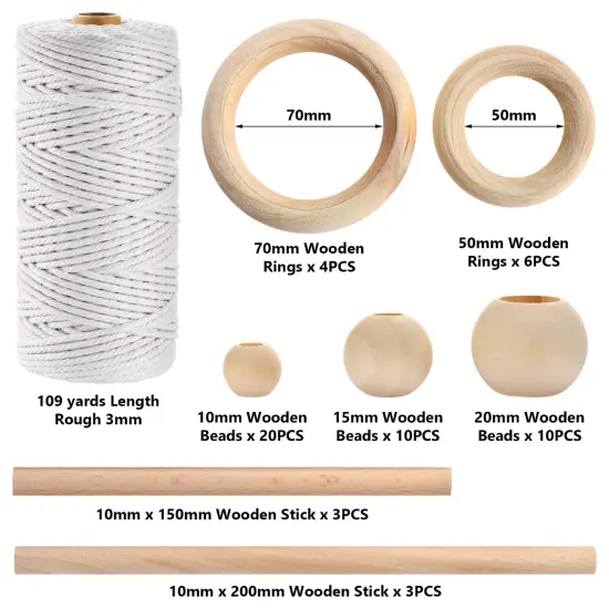 121 Pieces Macrame Kit, Macrame Supplies 3mm x 109Yards Macrame Cord for Macrame Kits for Adults Beginners, with Accessories Like 100Pcs Beads and 10Pcs Wooden Rings for Macrame Plant Hanger Kit {6}