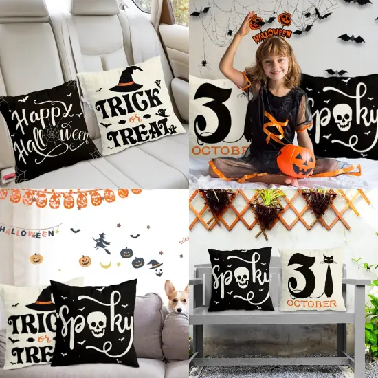 4 Pieces Halloween Decorations Pillow Covers 18x18 inc for Halloween Decor Indoor Outdoor, Party Supplies Farmhouse Home Decor Throw Pillows Cover Spider Web Cat Skull Decorative Cushion Case {3}
